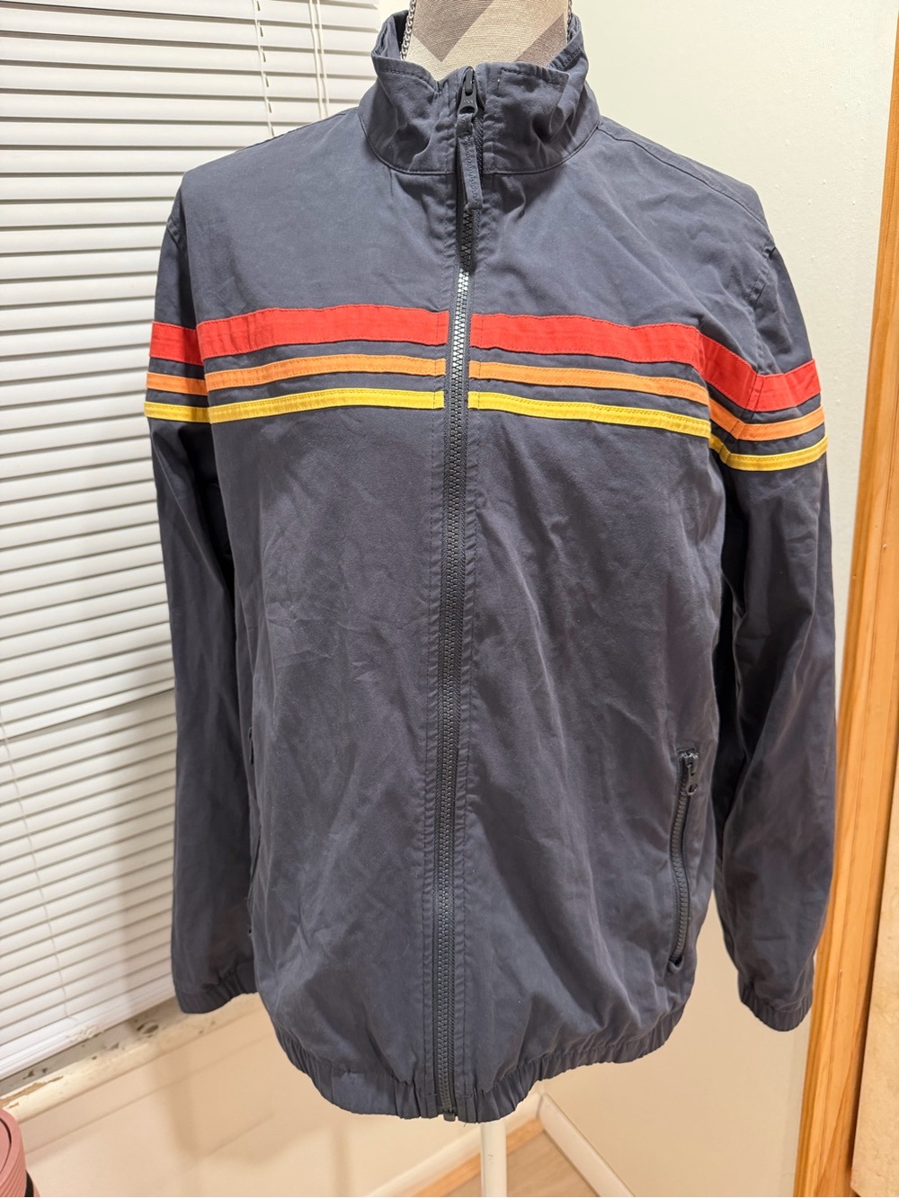 Marine Layer Men's Navy Bomber Jacket with Red and Yellow Stripes